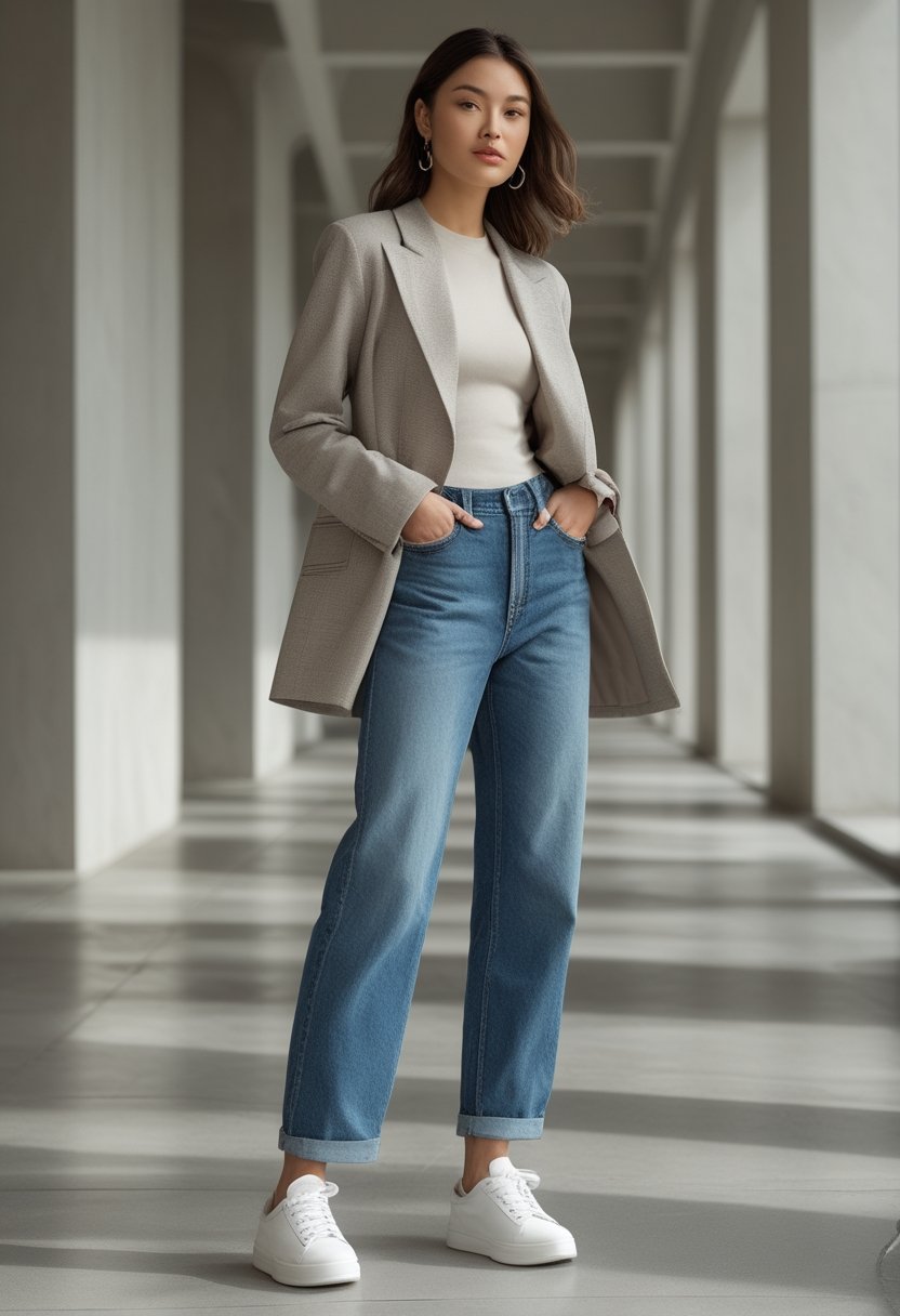 A model wearing relaxed blue jeans, an oversized blazer, and minimalist sneakers in a modern urban setting.