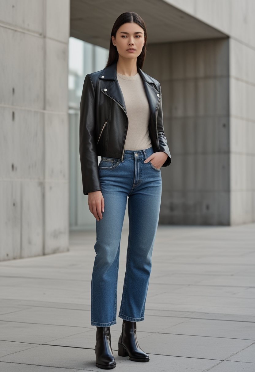 A model wearing blue jeans, a cropped black leather jacket, and black ankle boots stands in a modern urban setting.