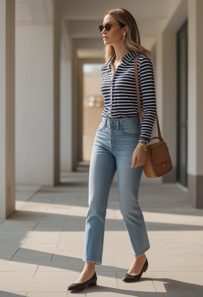 A woman wearing light-wash jeans, a striped shirt, and black ballet flats walks through a modern urban setting.