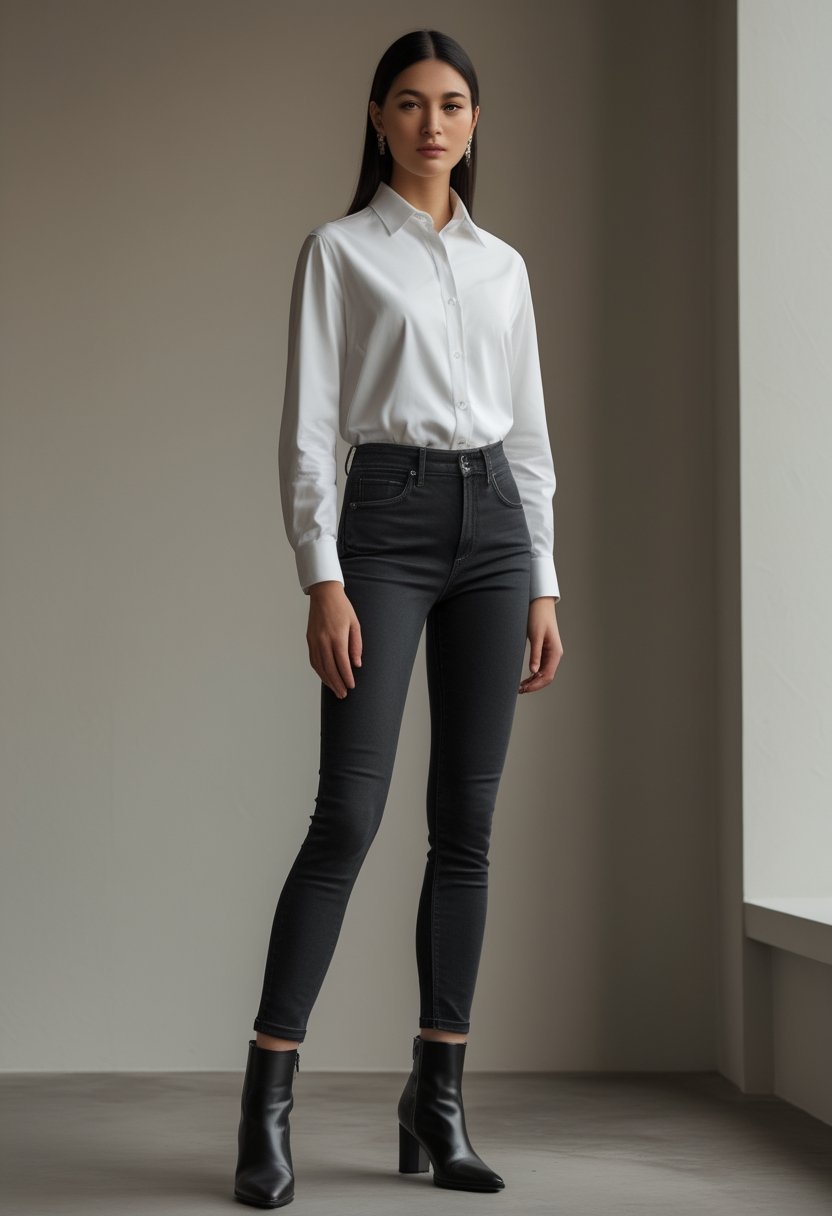 A person wearing black jeans, a white button-down shirt, and pointed boots.