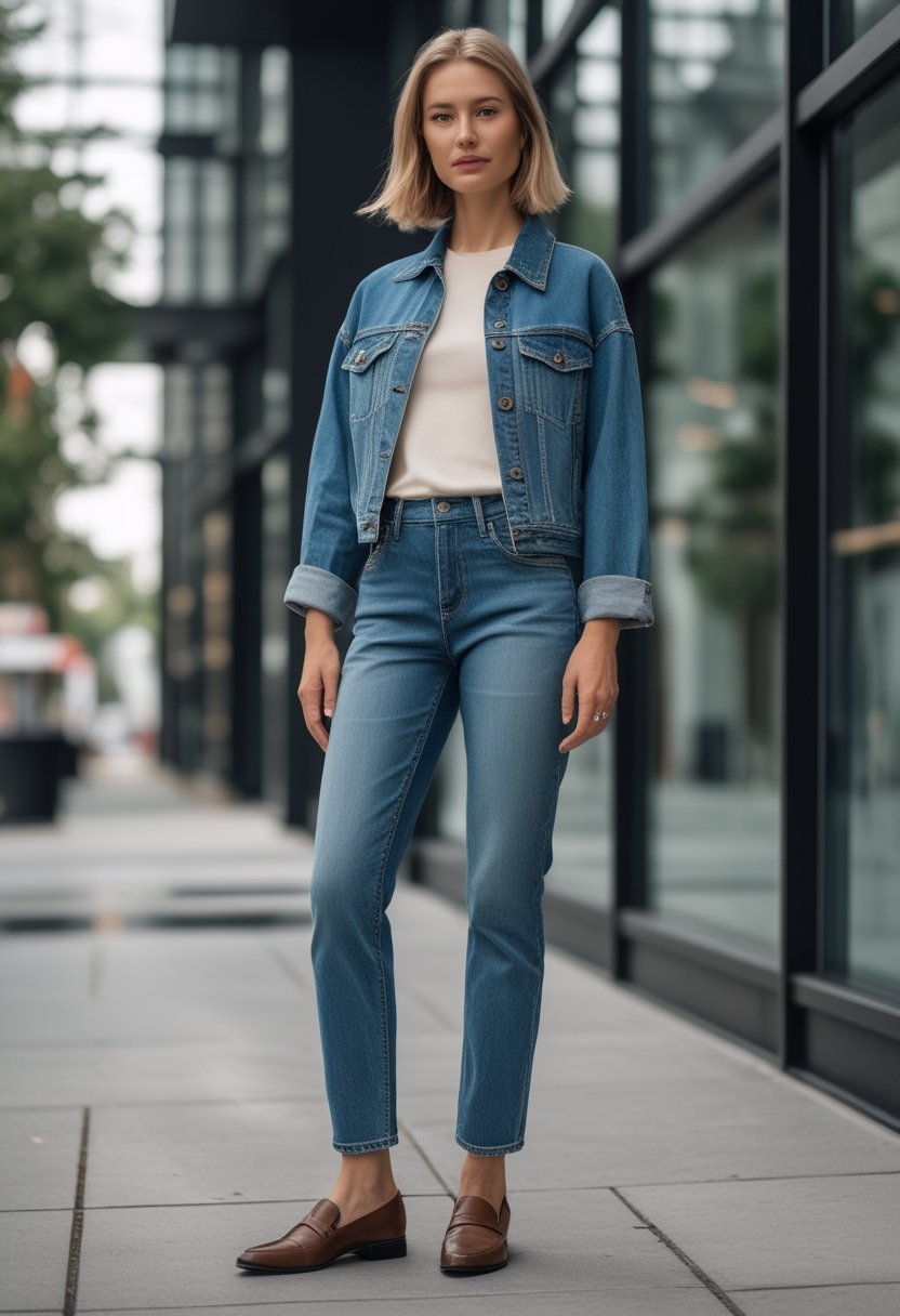A person wearing straight-leg jeans, a boxy denim jacket, and loafers stands on a city sidewalk.