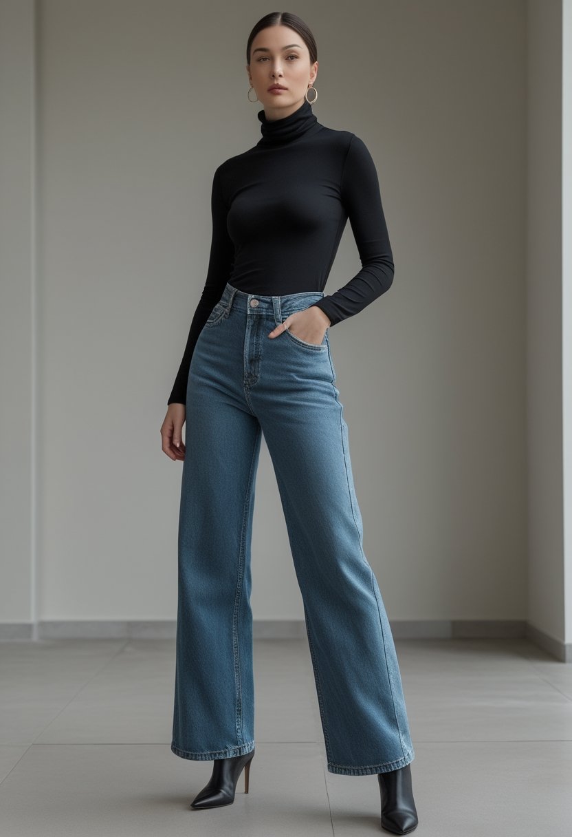 A woman wears wide-leg jeans, a fitted turtleneck, and heeled ankle boots in a modern studio.