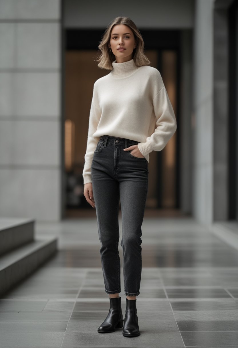 A person wearing dark jeans, a light cashmere sweater, and black Chelsea boots in an urban setting.