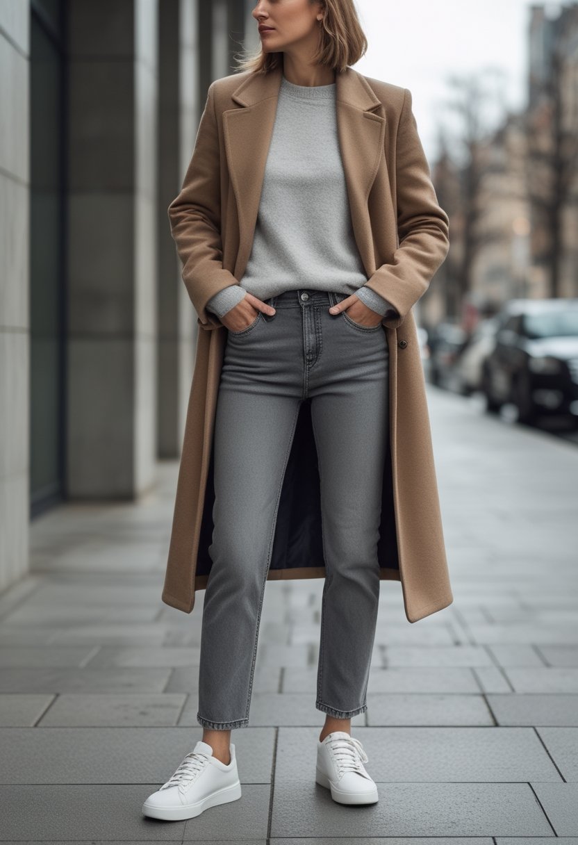 A person wearing grey jeans, a long wool coat, and minimalist trainers on a city walkway.