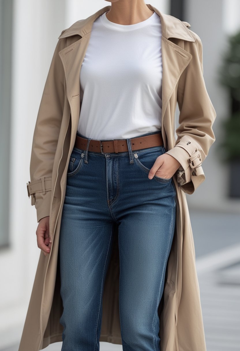 Person wearing blue jeans, a white T-shirt, a brown belt, and a beige trench coat.