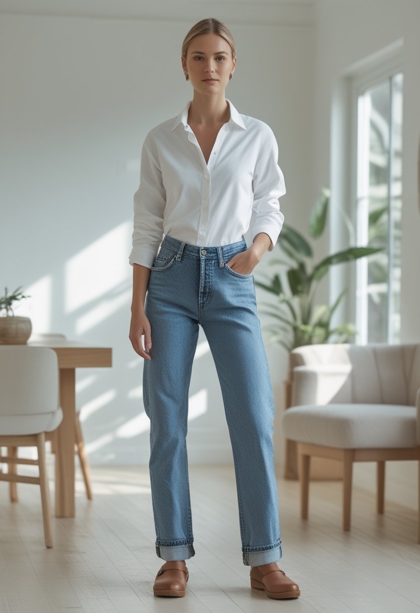 A person wearing relaxed blue jeans, a tucked-in white Oxford shirt, and brown clogs stands in a bright modern room.