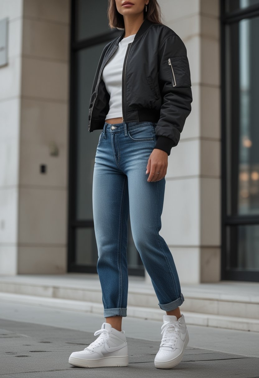 A model wearing cuffed jeans, a cropped bomber jacket, and high-top sneakers in an urban setting.