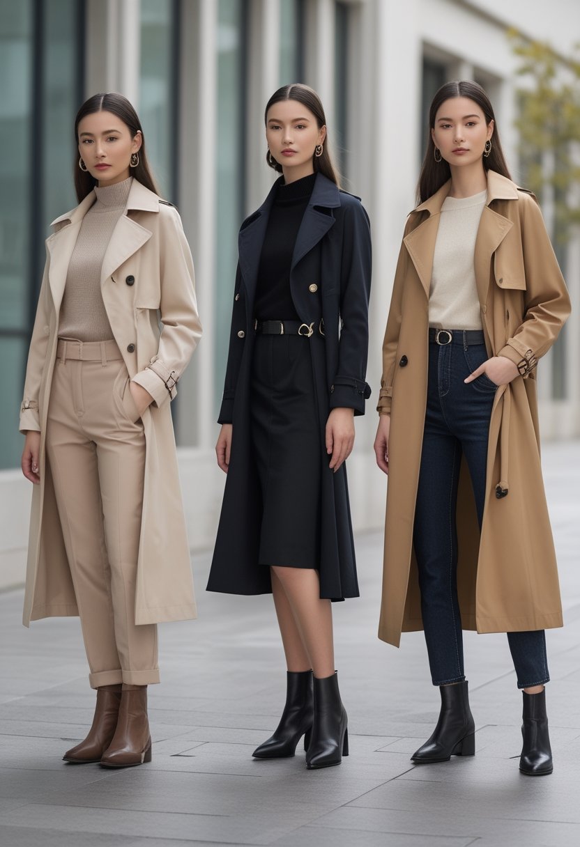Three adults model different cropped trench coat outfits in a modern outdoor setting.