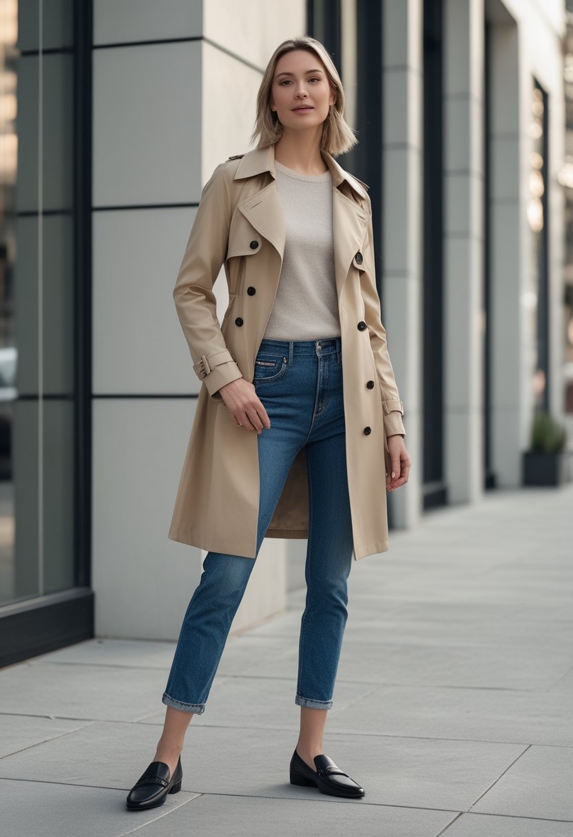 A person wearing a cropped beige trench coat, straight-leg jeans, and black loafers on a city sidewalk.