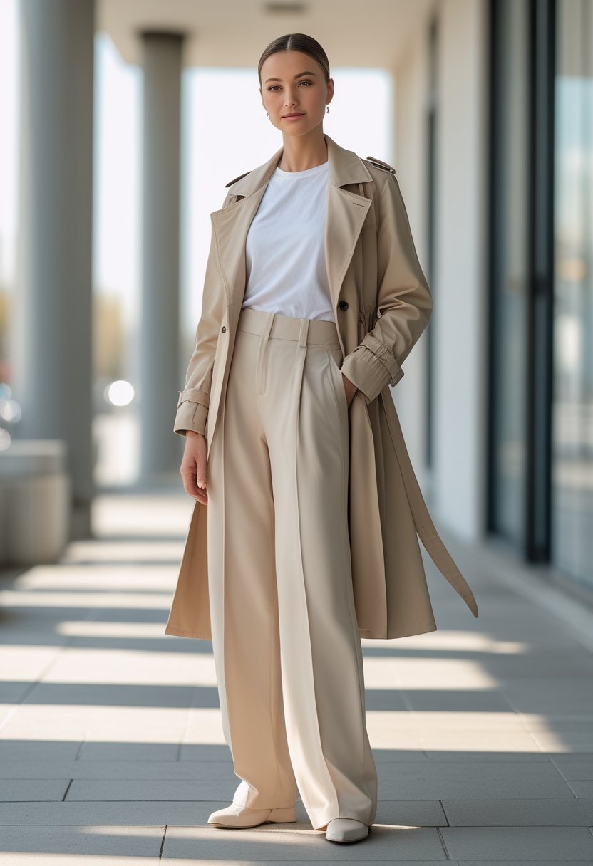 A model wears a cropped beige trench coat over a white T-shirt with wide-leg trousers in a city setting.