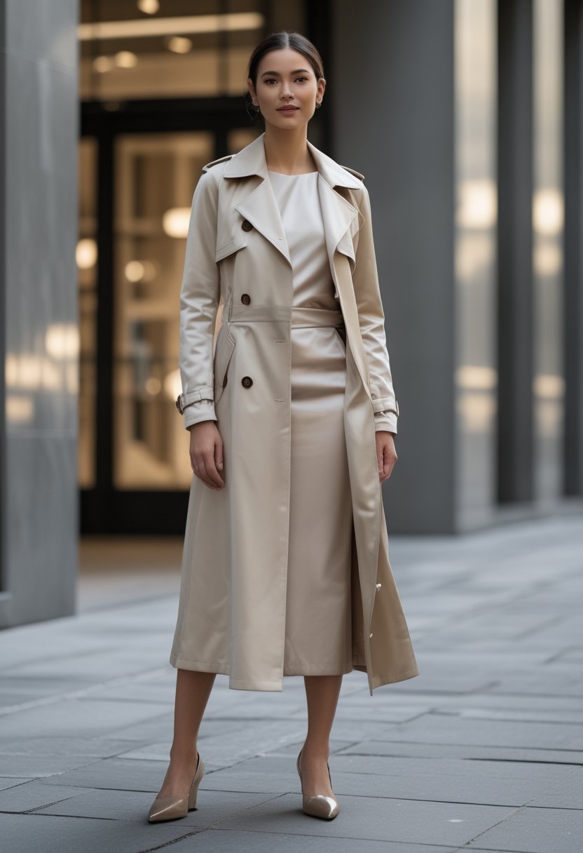A woman wears a cropped trench coat over a satin midi dress in a city setting.