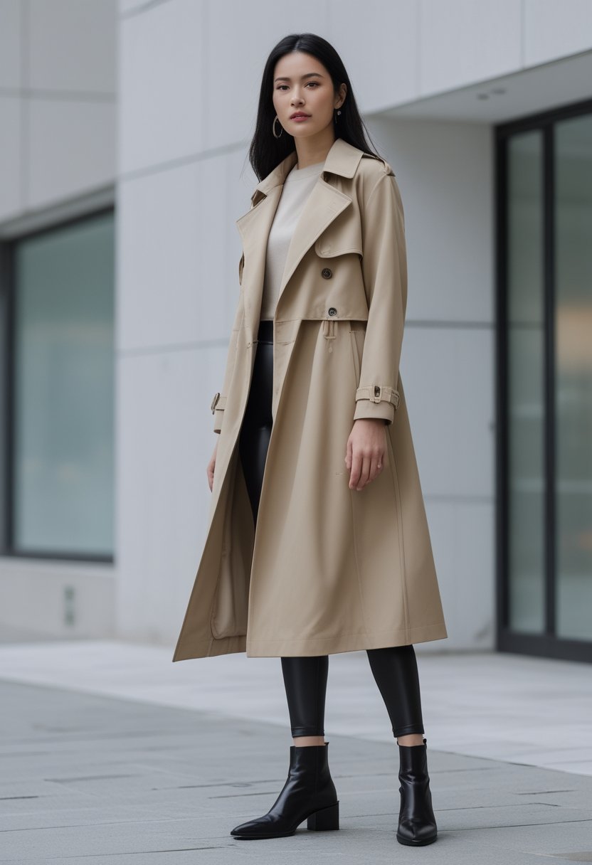 A woman wears a cropped beige trench coat, black leggings, and black ankle boots outside a modern building.