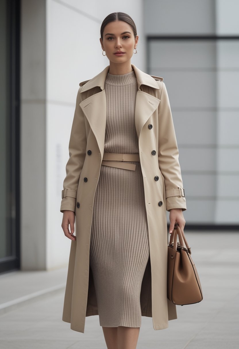A woman wearing a cropped beige trench coat over a ribbed knit dress stands on a city street.