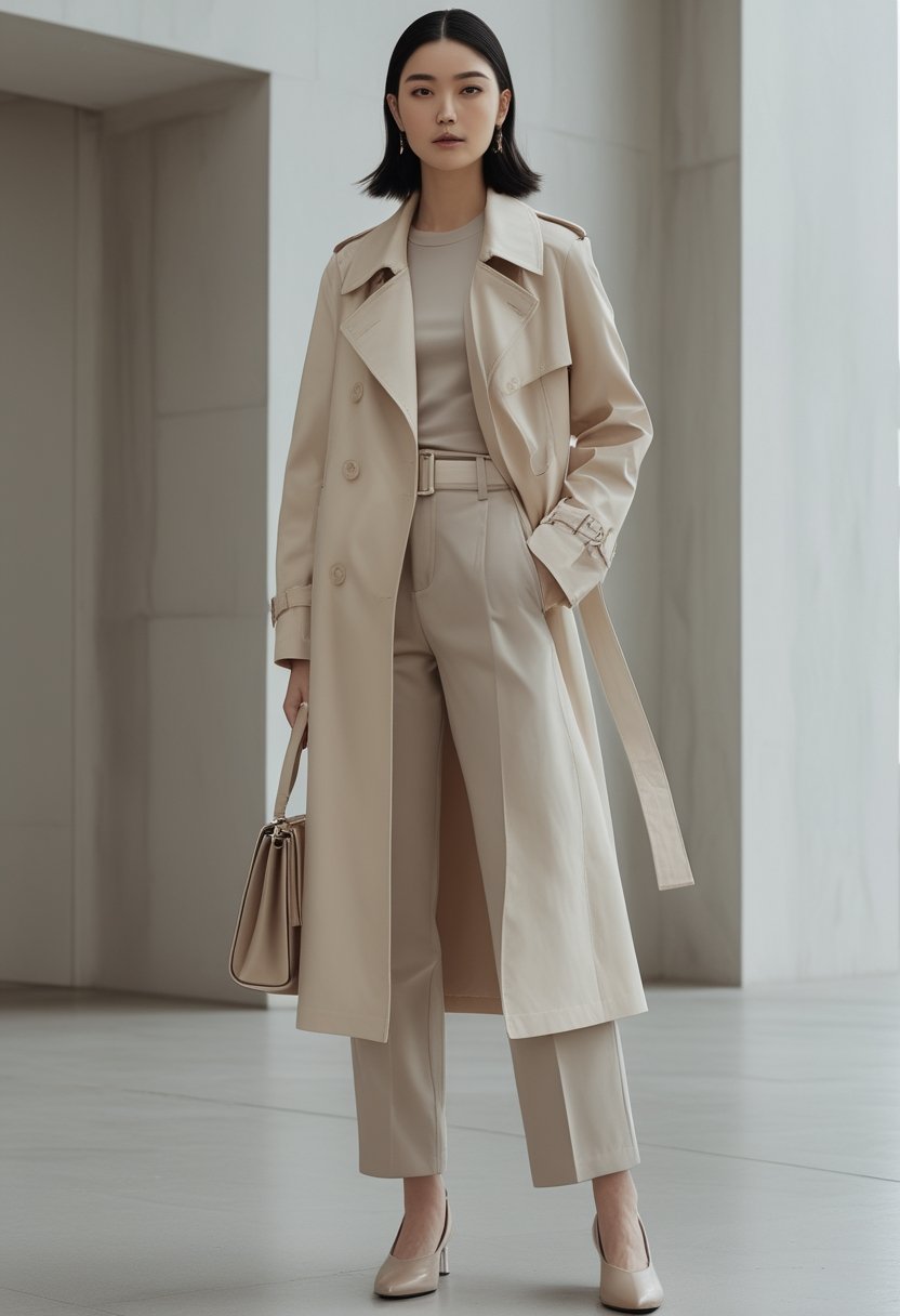 A model wears a cropped trench coat with a matching monochrome outfit in an urban setting.