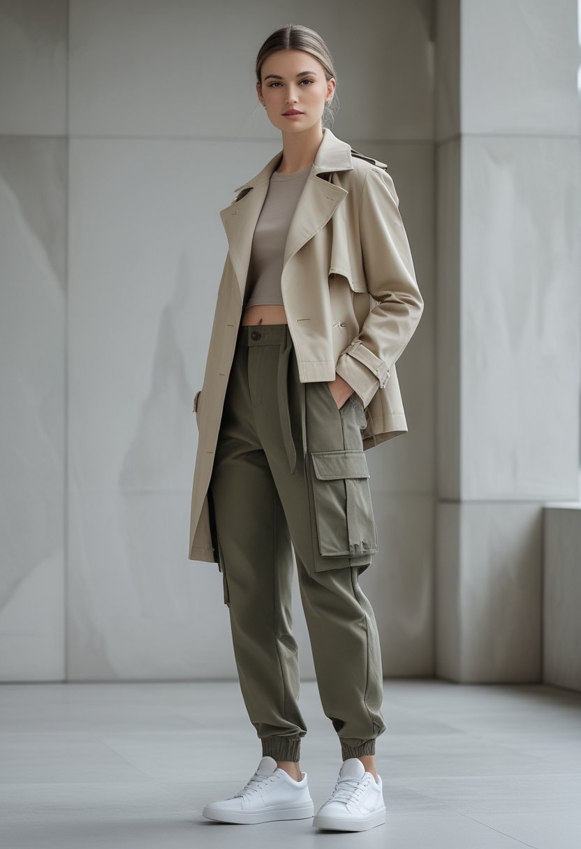 A person wearing a cropped beige trench coat, cargo pants, and sneakers in an urban setting.
