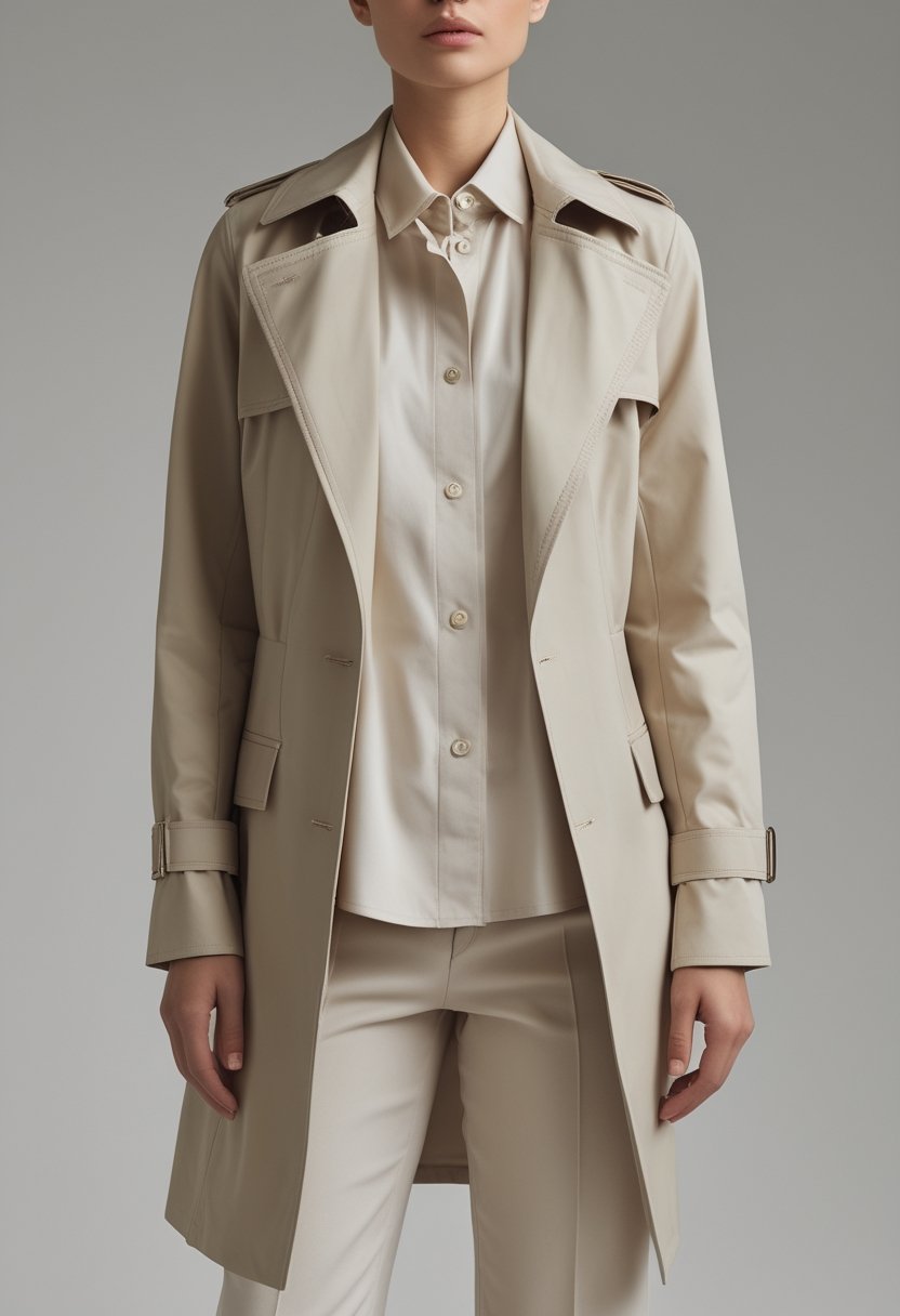 A model wearing a cropped trench coat over a button-down shirt and tailored trousers.