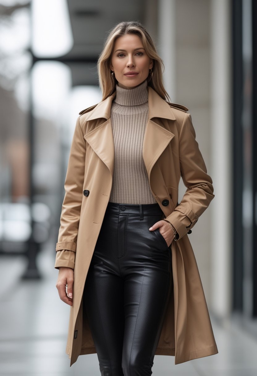 A woman wearing a cropped trench coat, ribbed top, and black leather pants stands in an urban setting.