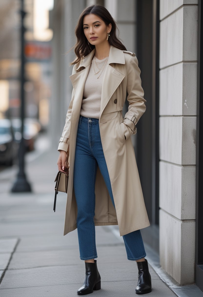 A woman wearing a cropped beige trench coat, cropped jeans, and black Chelsea boots stands on a city sidewalk.