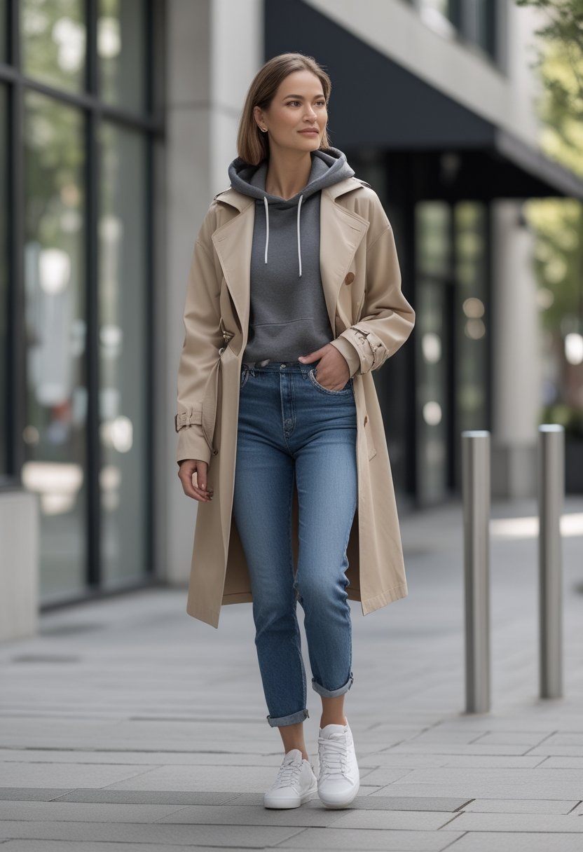 A person wears a cropped beige trench coat over a gray hoodie with relaxed blue jeans on a city sidewalk.