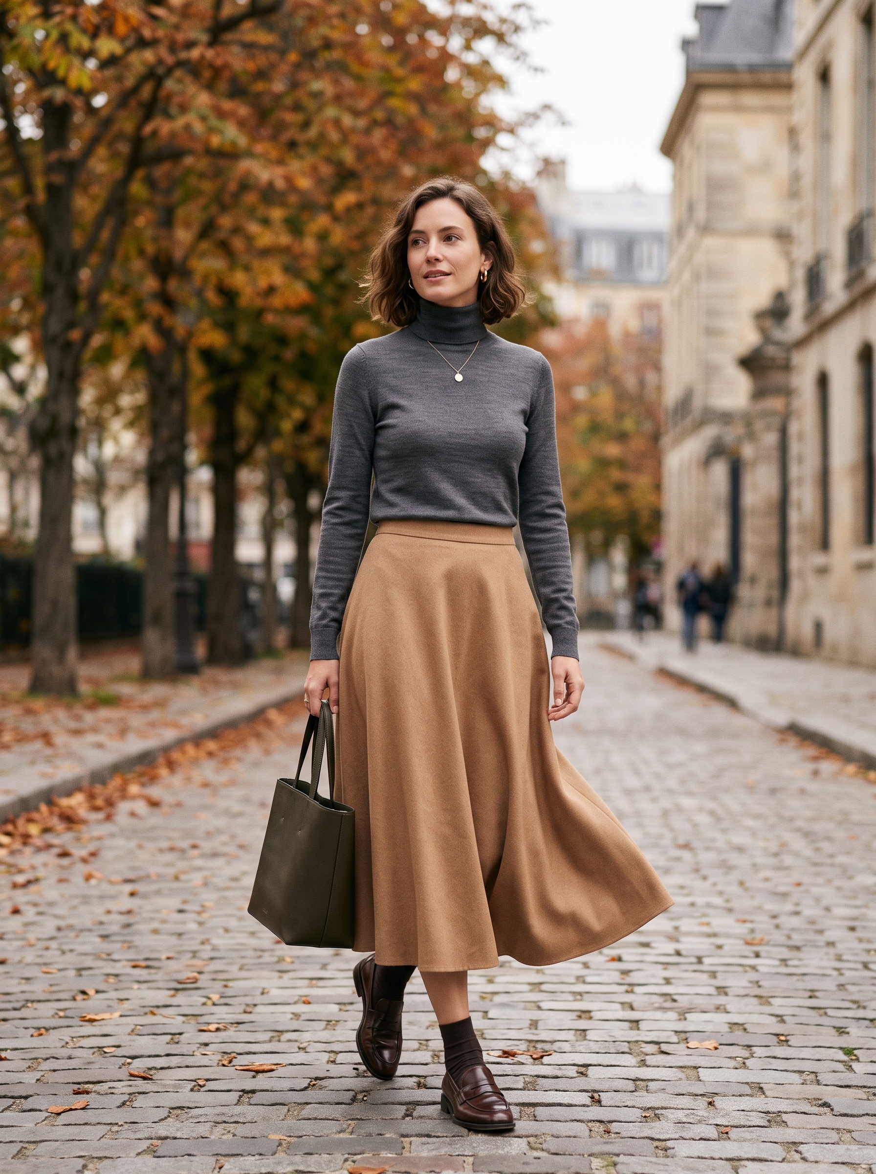 A-Line Midi Skirt With a Fine-Knit Top