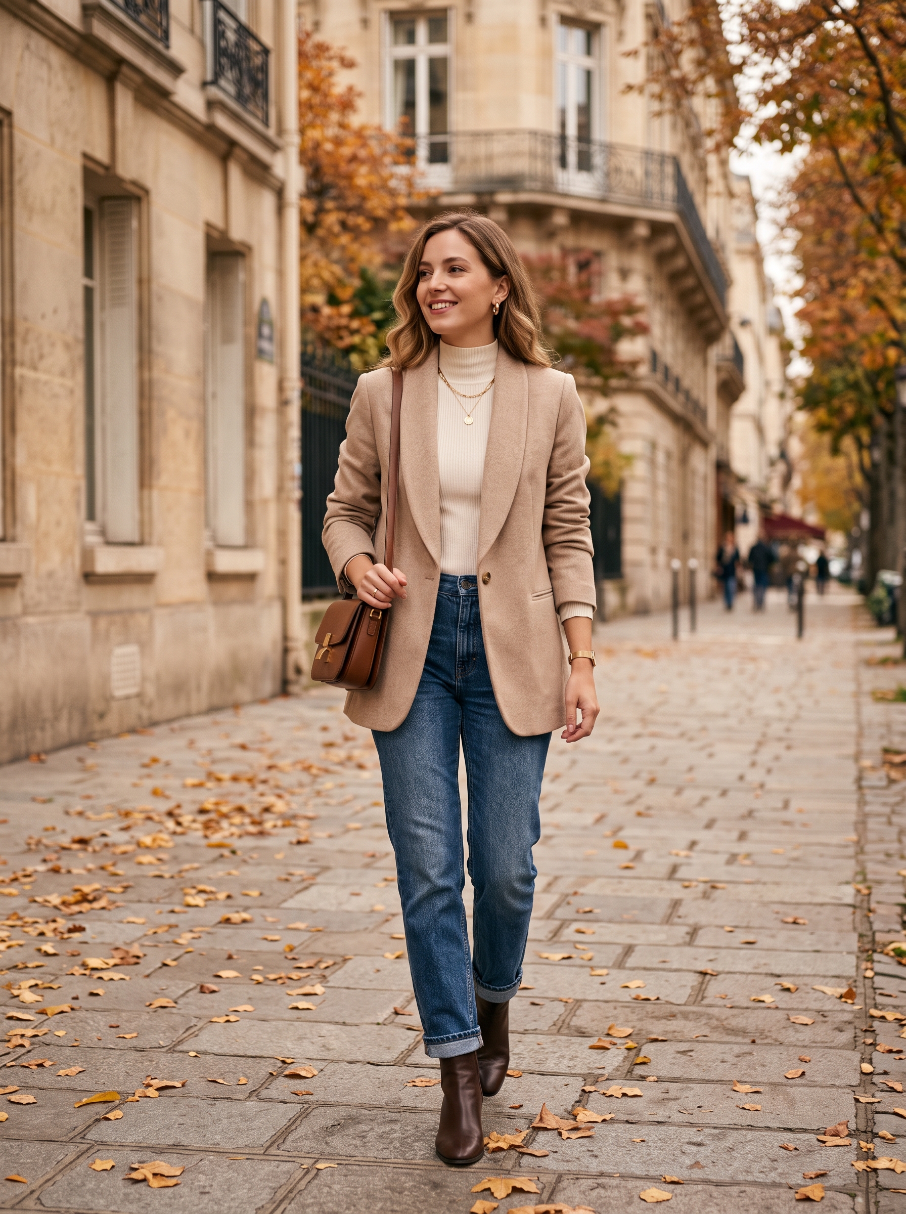 Beige Blazer With Knit Top and Blue Jeans