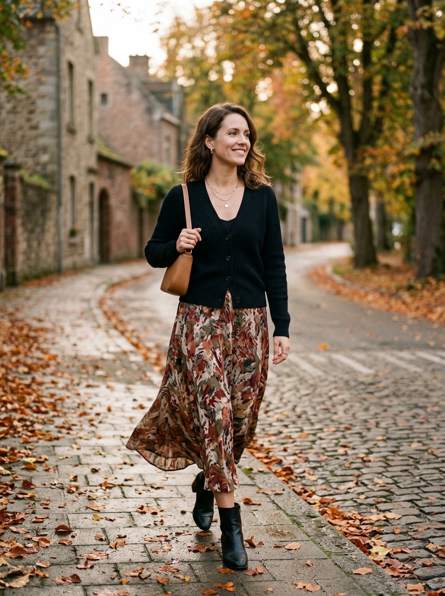Black Cardigan With Printed Midi Skirt