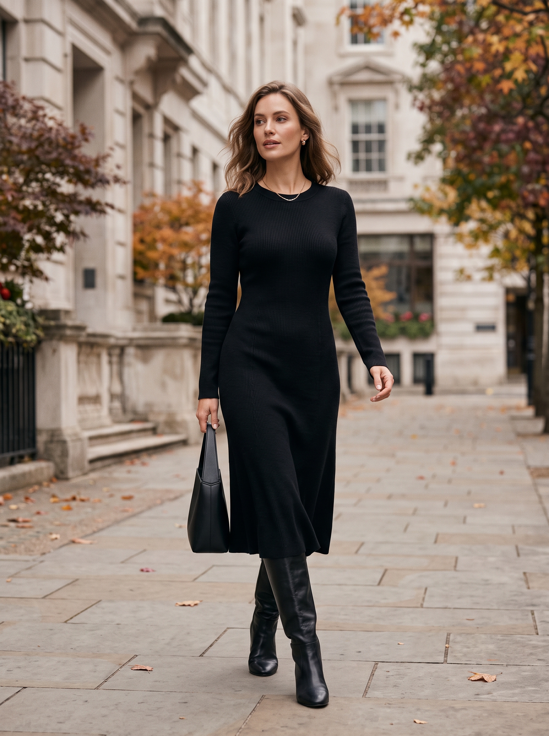 Black Knit Dress With Knee-High Boots