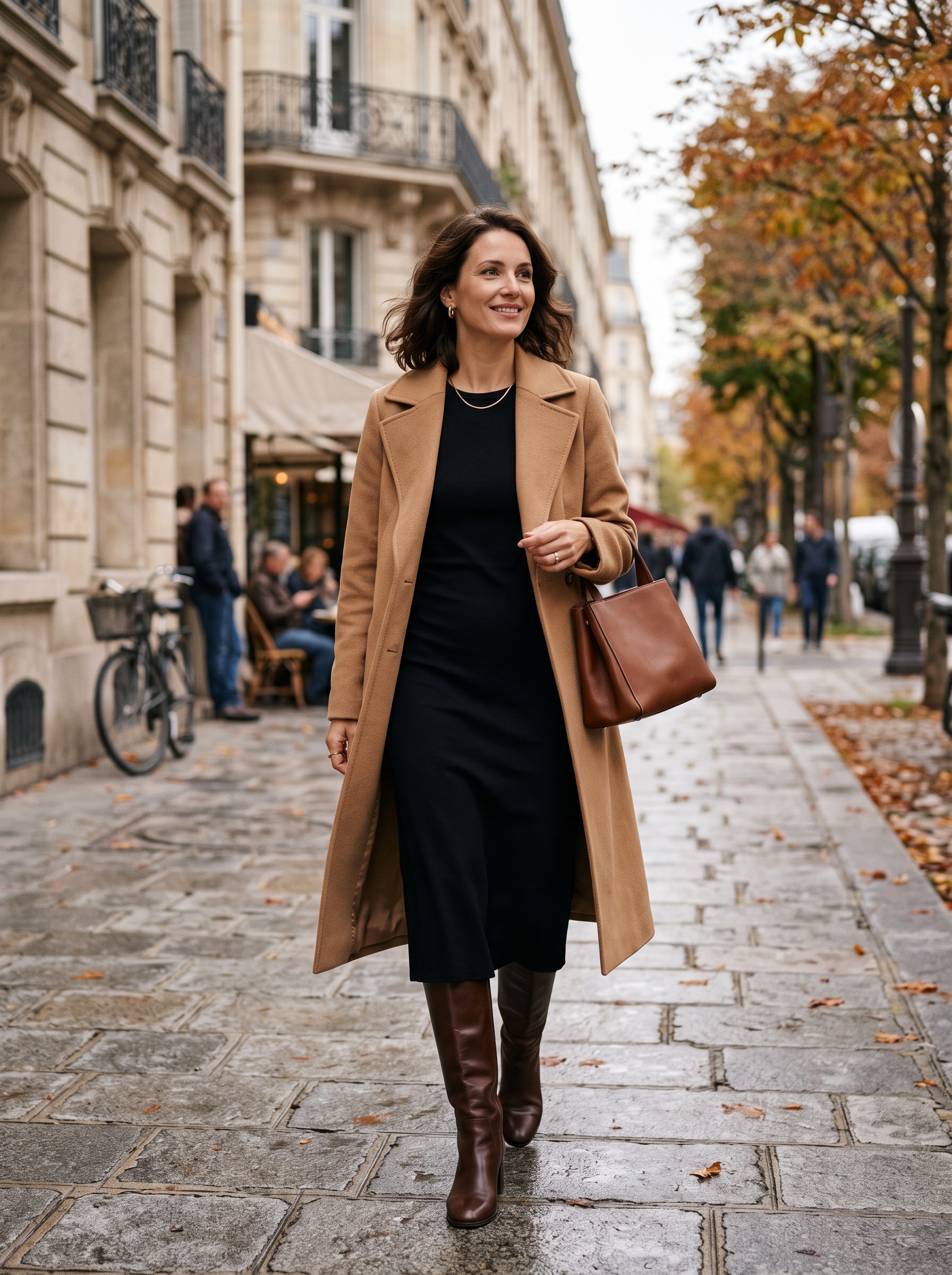 Black Midi Dress With Camel Coat