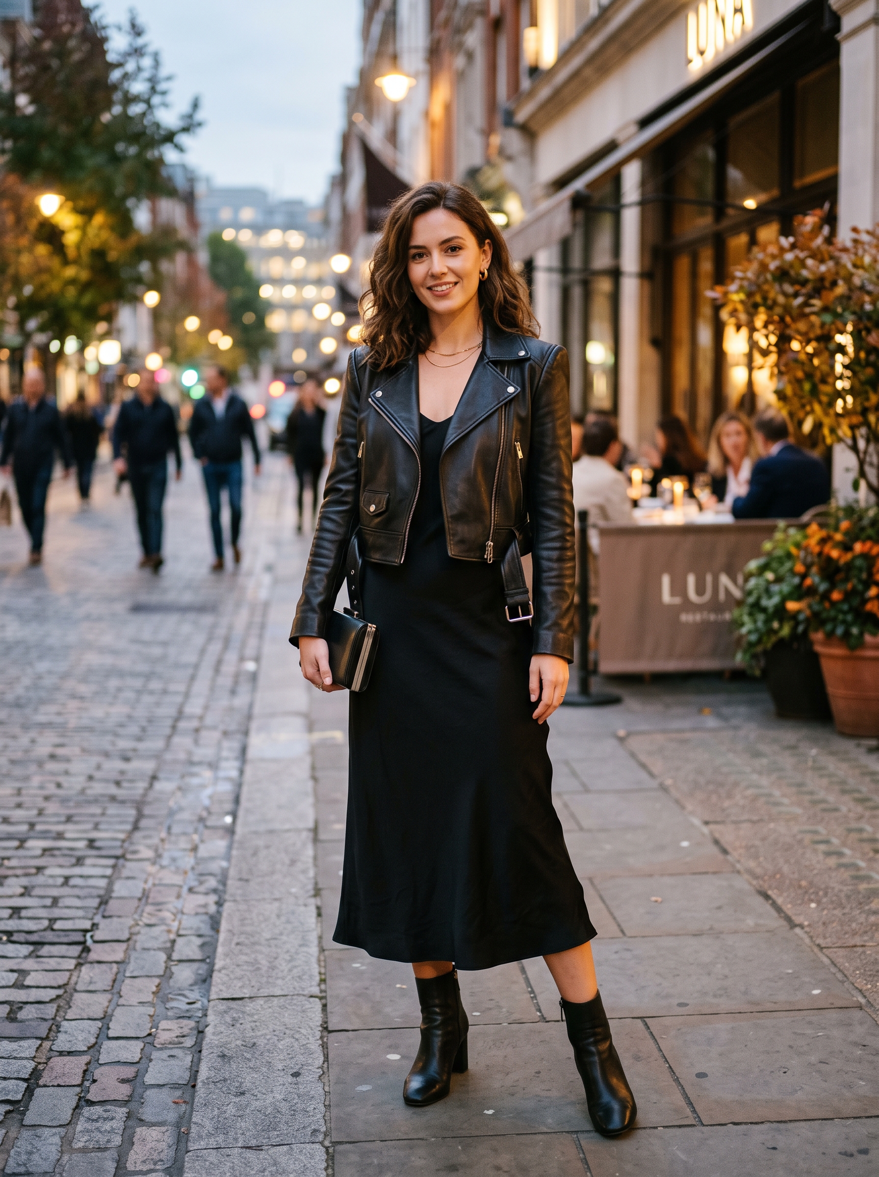 Black Midi Dress With a Cropped Moto Jacket