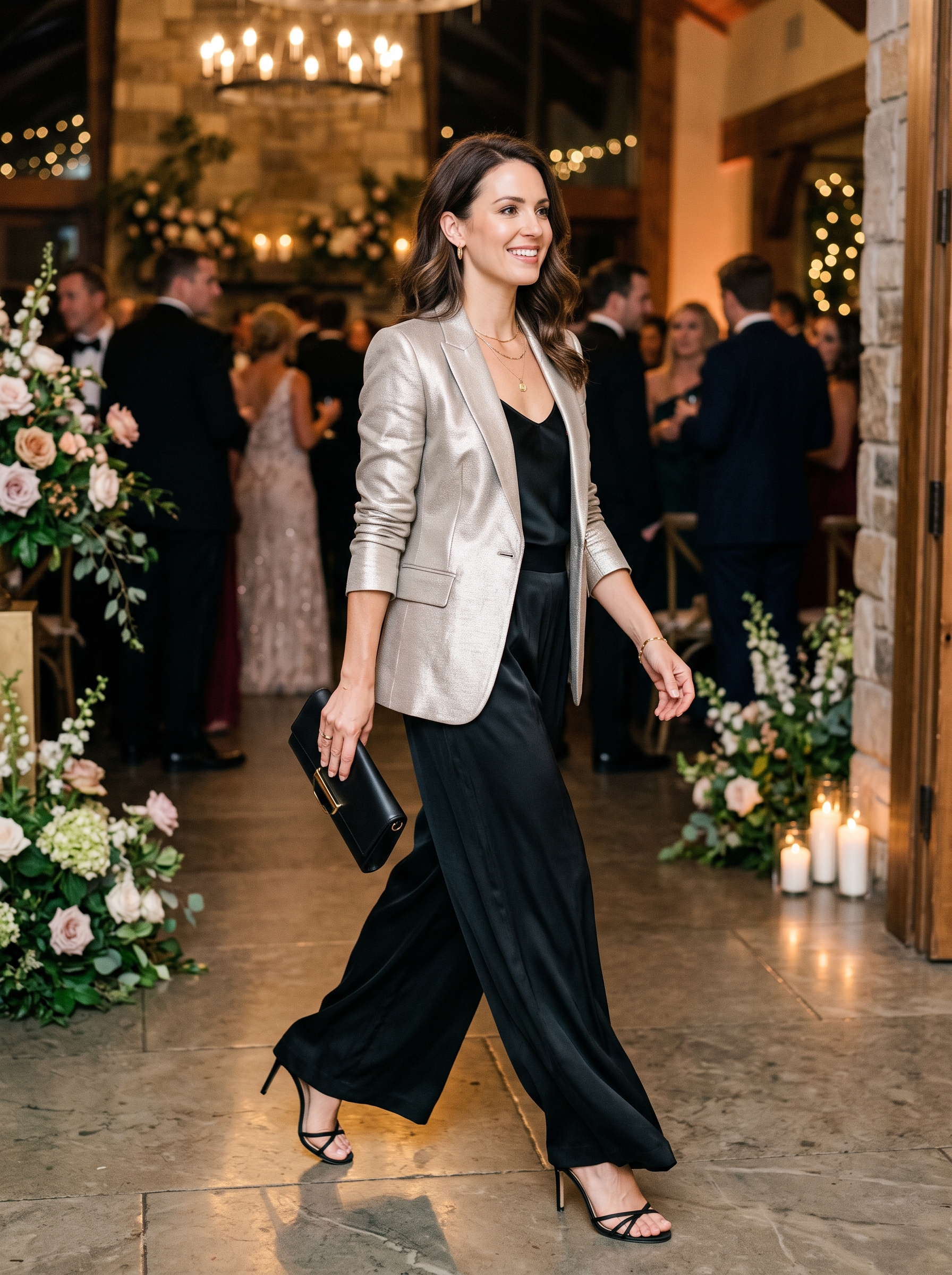 Black Palazzo Pants With Metallic Blazer