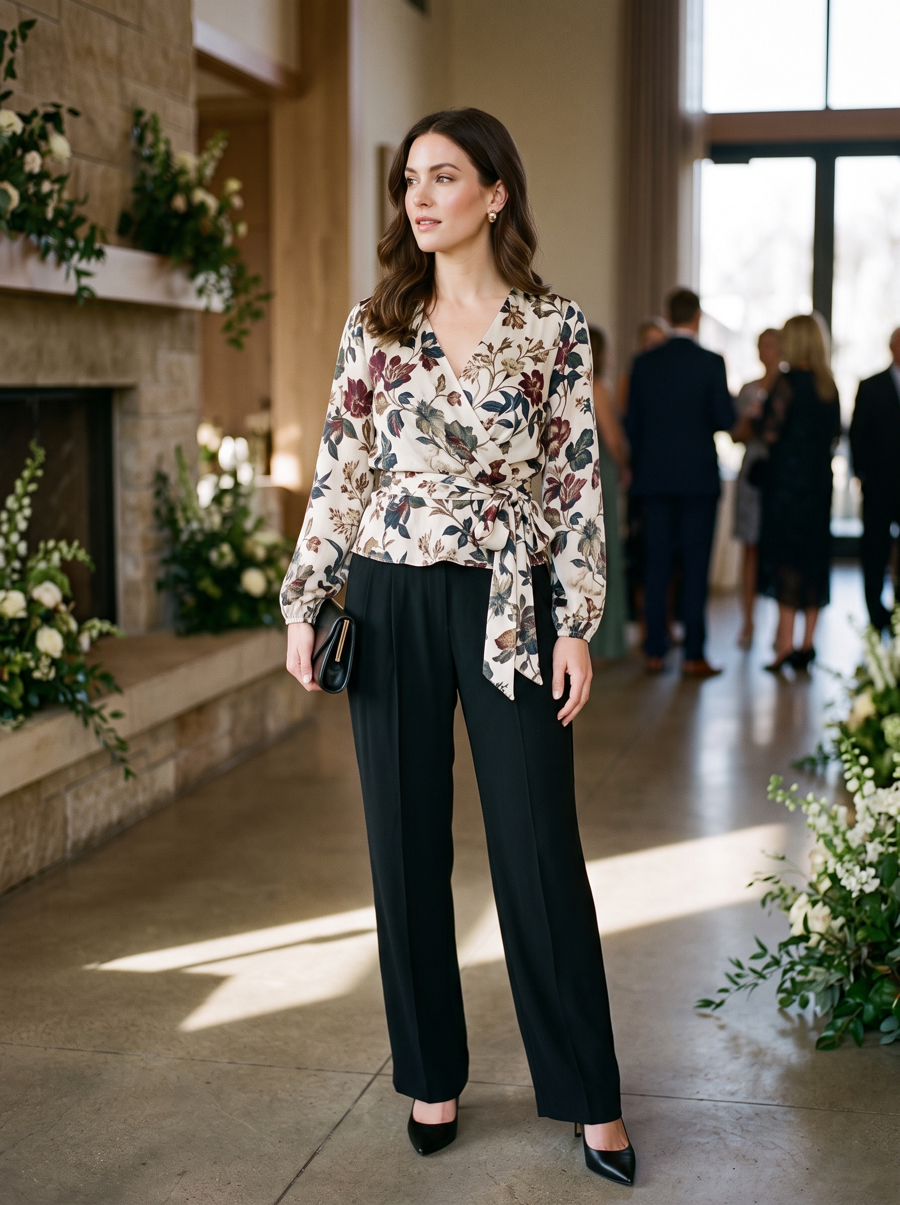 Black Pleated Trousers With Floral Wrap Top