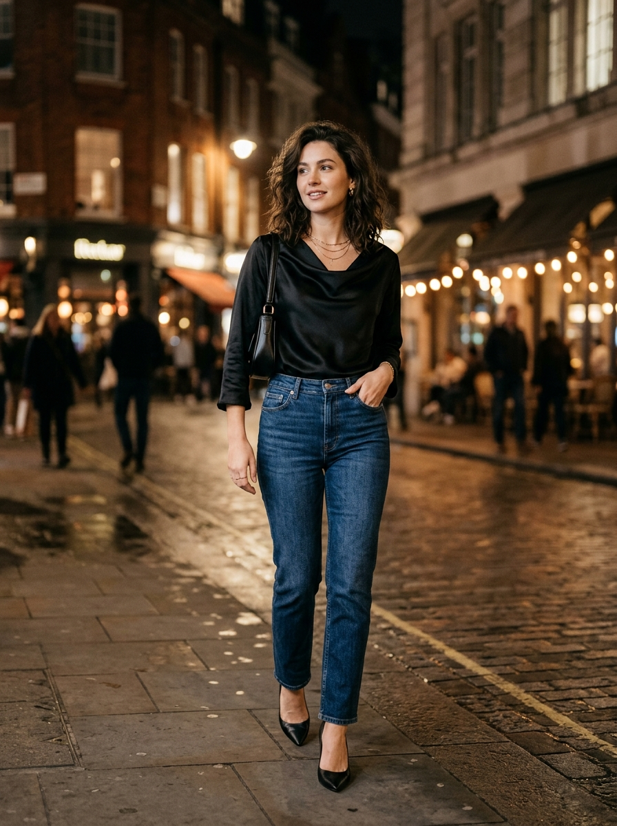 Black Satin Top With Straight-Leg Jeans