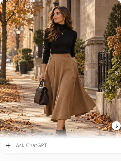 Black Turtleneck With Camel Midi Skirt