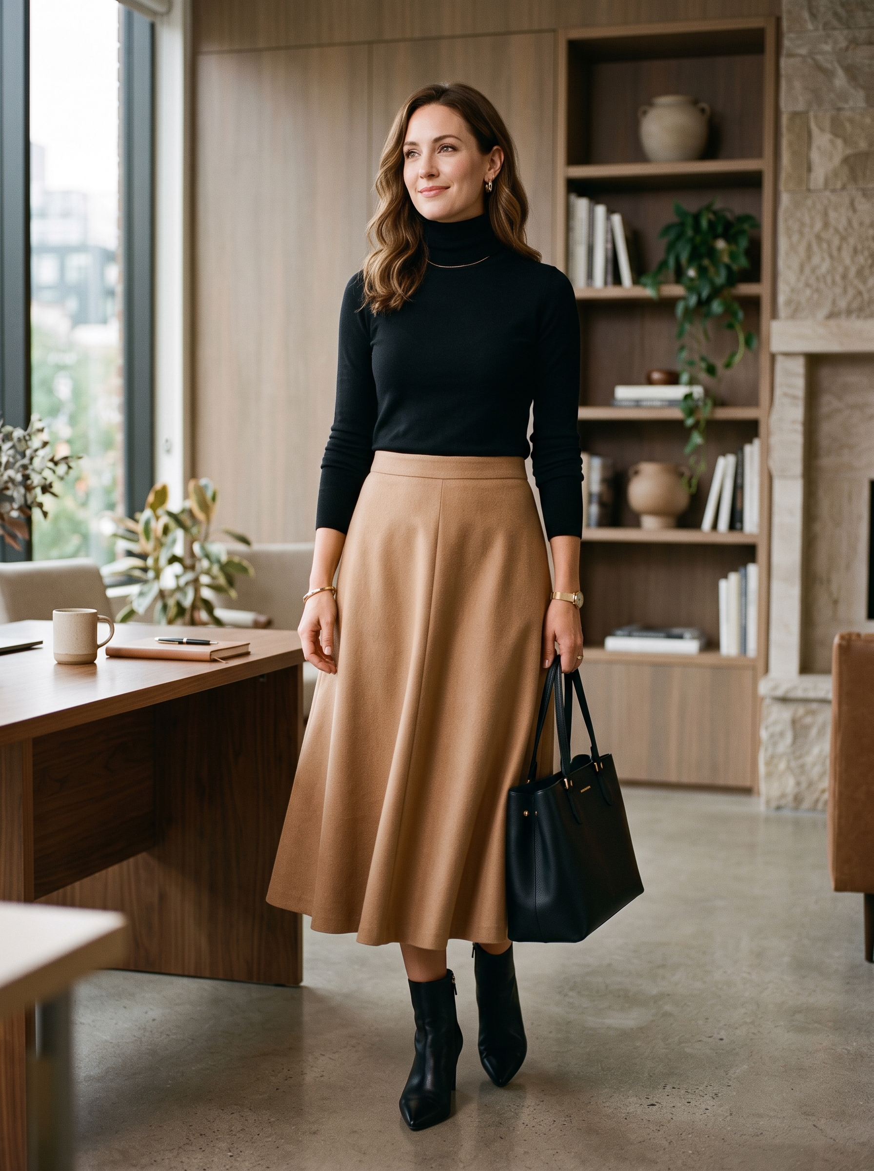 Black Turtleneck With Camel Midi Skirt