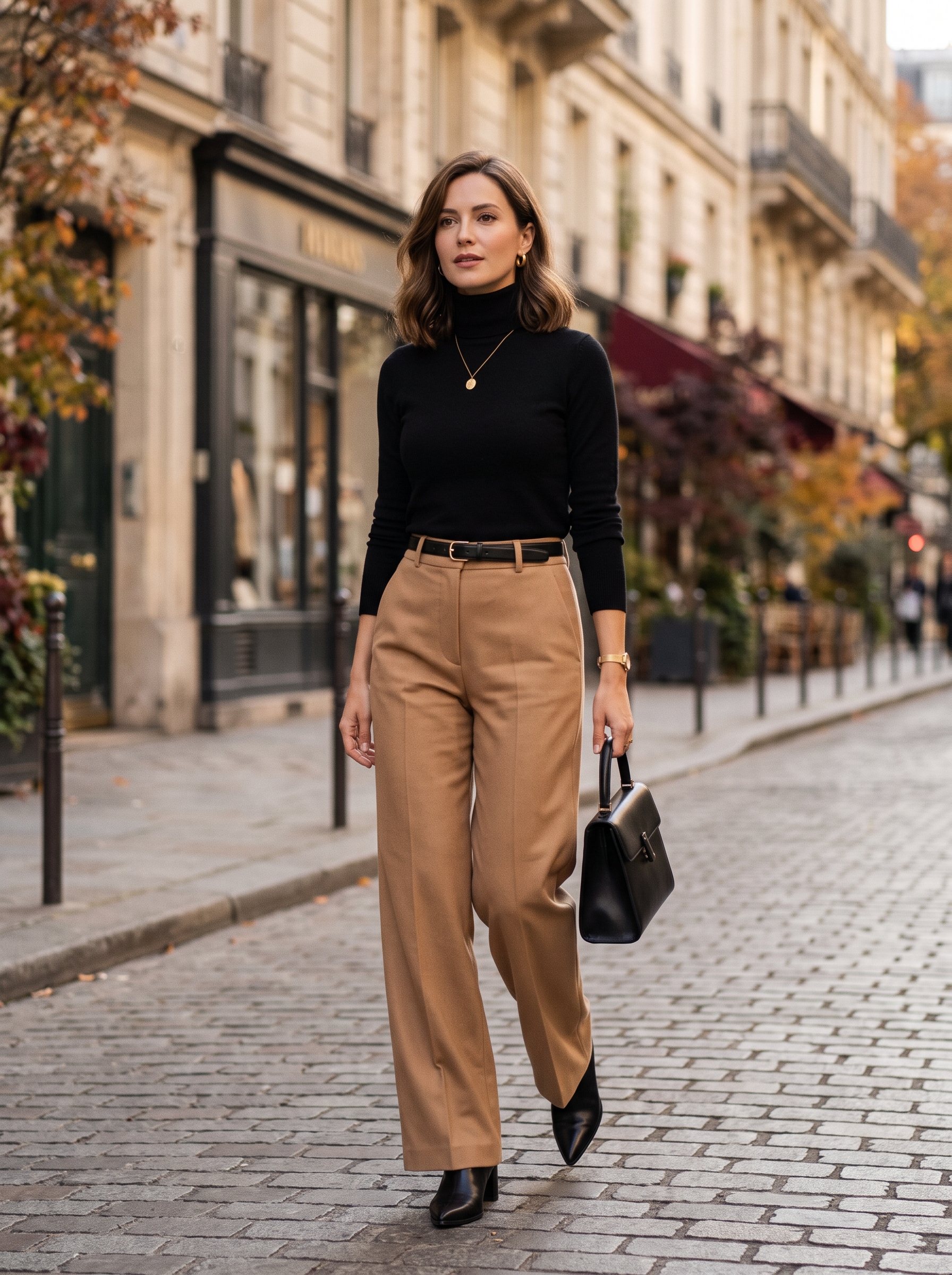 Black Turtleneck With Camel Wide-Leg Trousers
