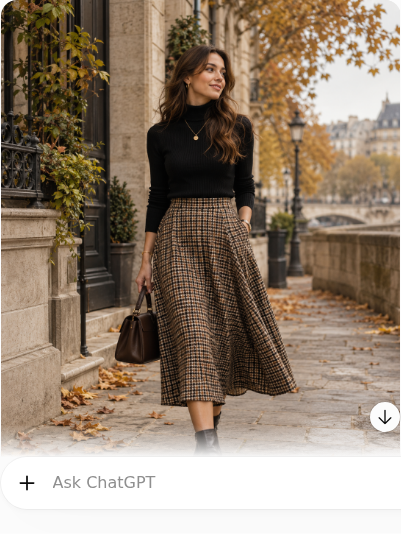 Black Turtleneck With Checked Midi Skirt