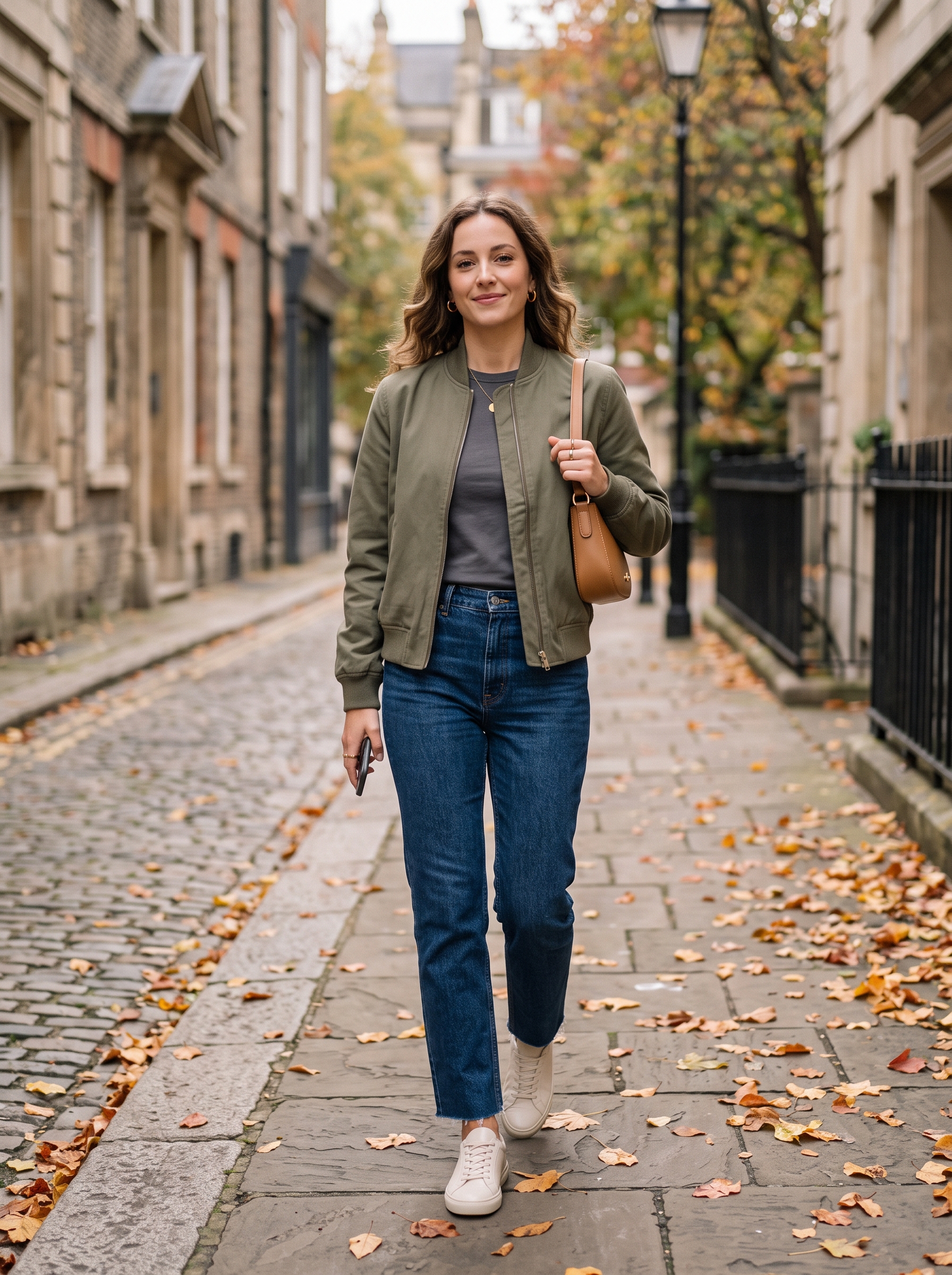Bomber Jacket With Basic Tee and Straight Jeans