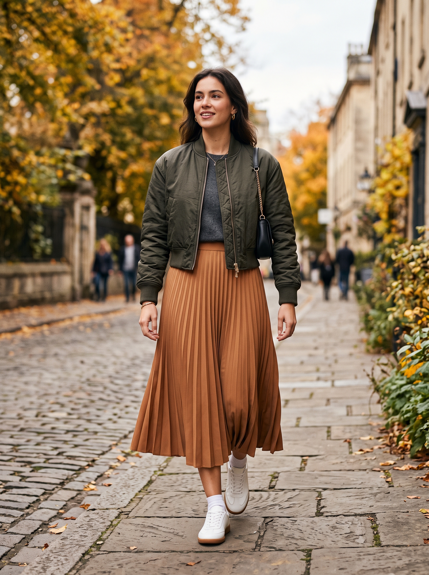 Bomber Jacket With Midi Skirt and Sneakers