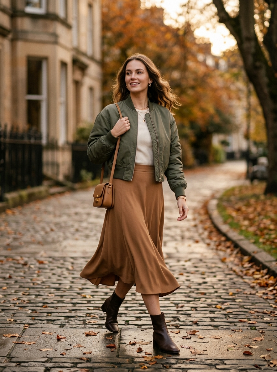 Bomber Jacket With Midi Skirt