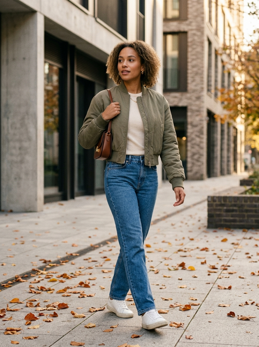 Bomber Jacket With a Basic Knit and Jeans