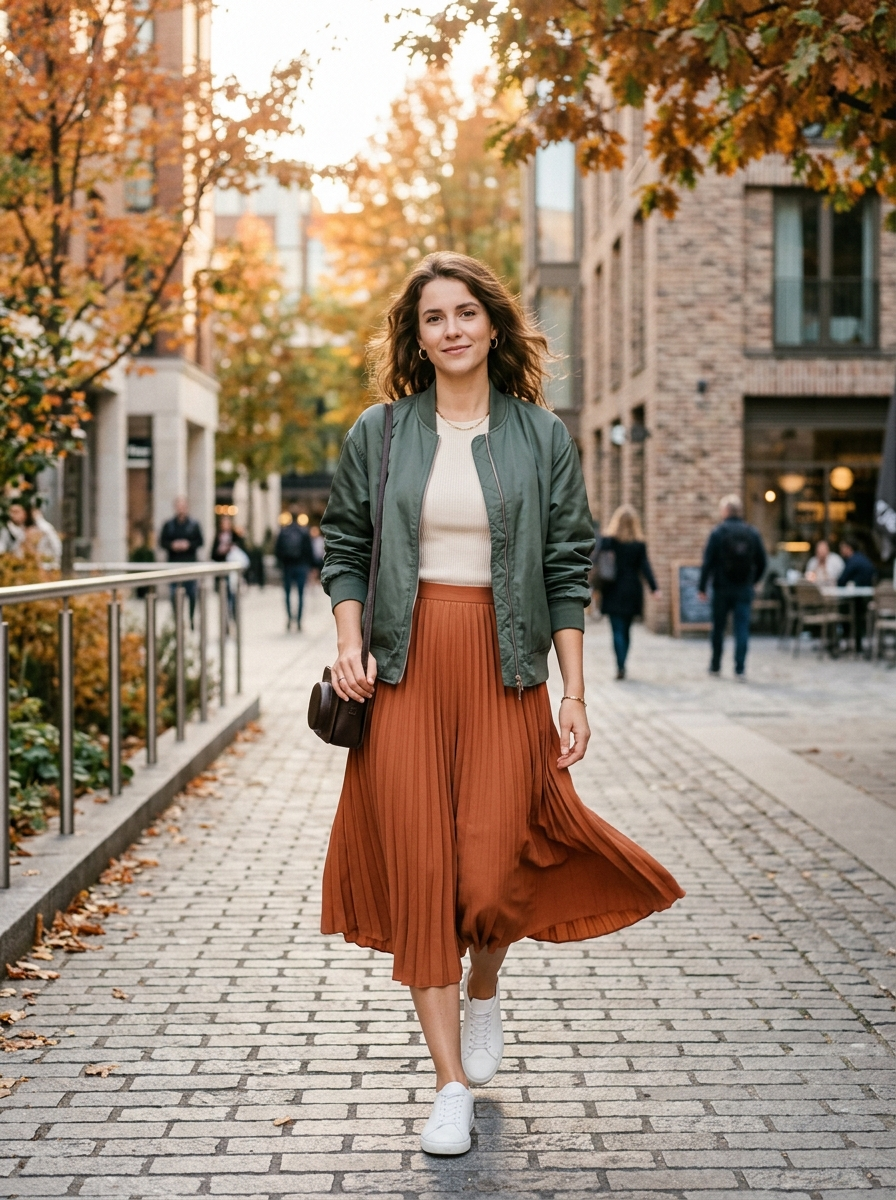 Bomber Jacket With a Midi Skirt