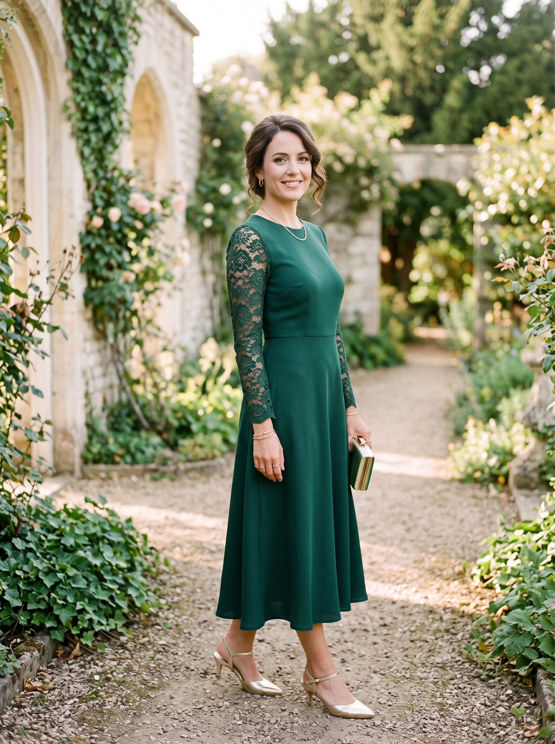 Bottle Green Lace Sleeve Dress