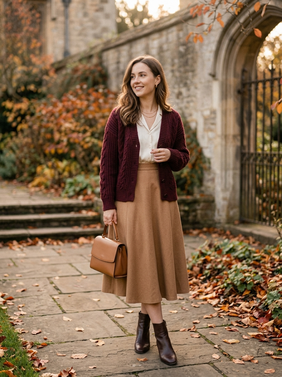 Burgundy Cardigan With Camel Skirt