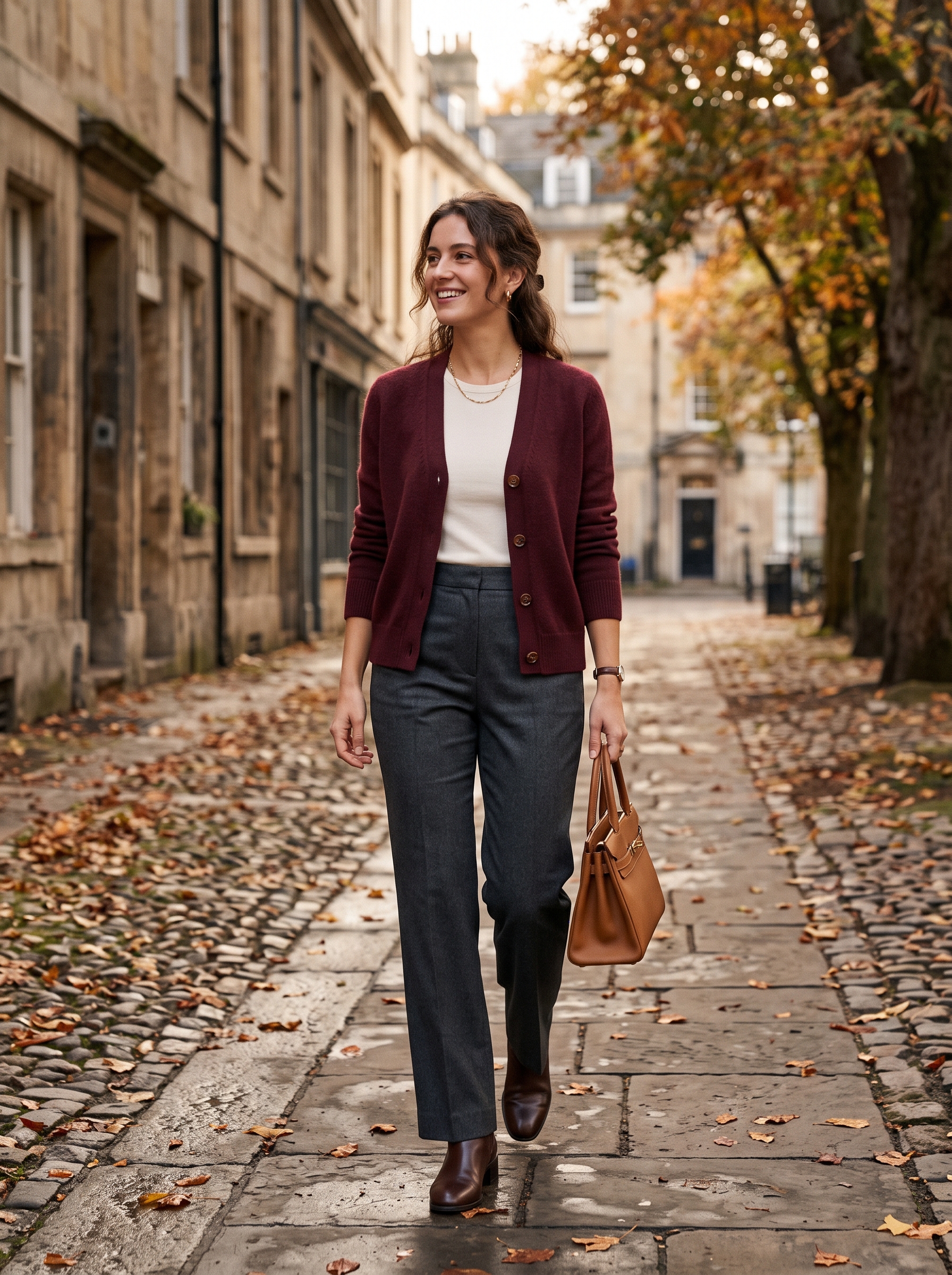 Burgundy Cardigan With Charcoal Trousers