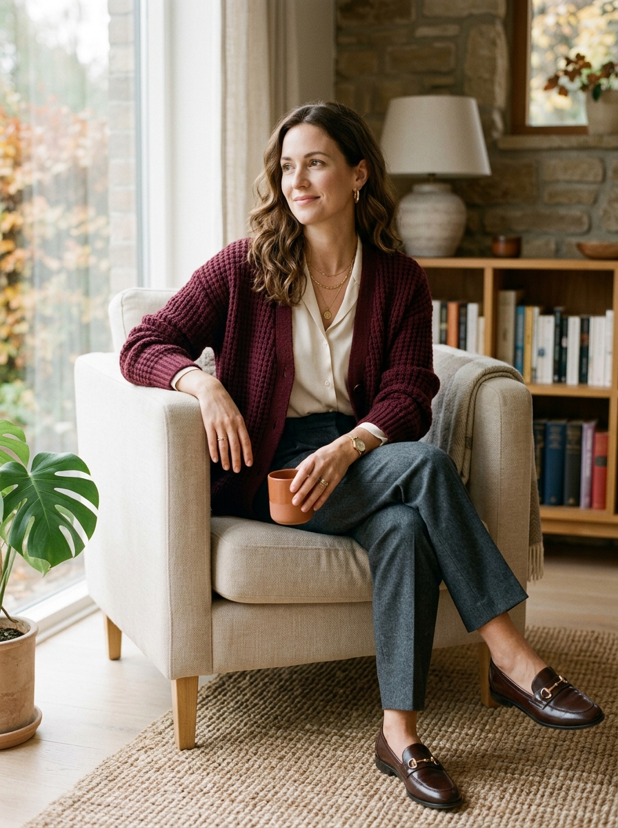 Burgundy Cardigan With Charcoal Trousers
