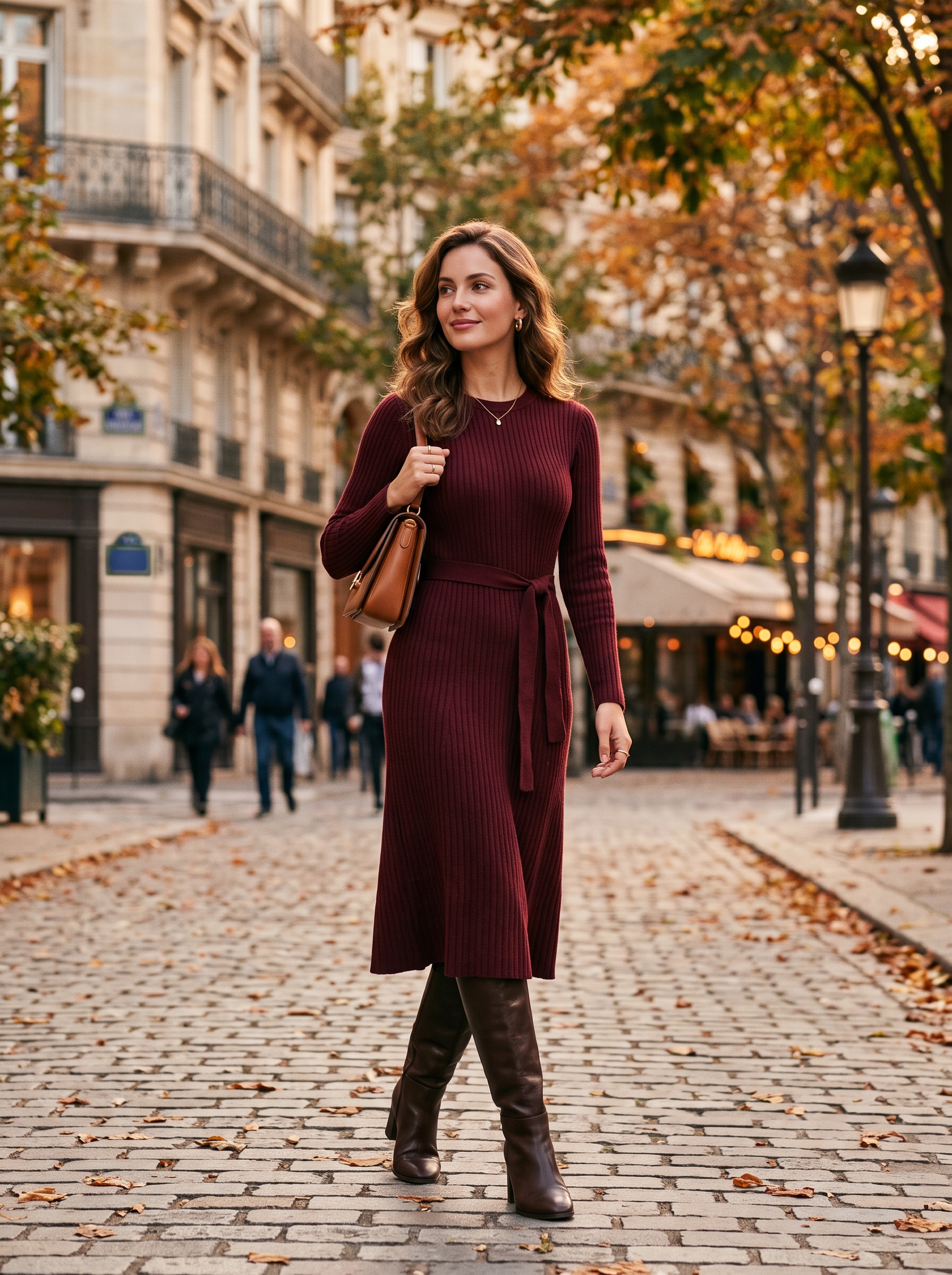 Burgundy Knit Dress With Knee-High Boots
