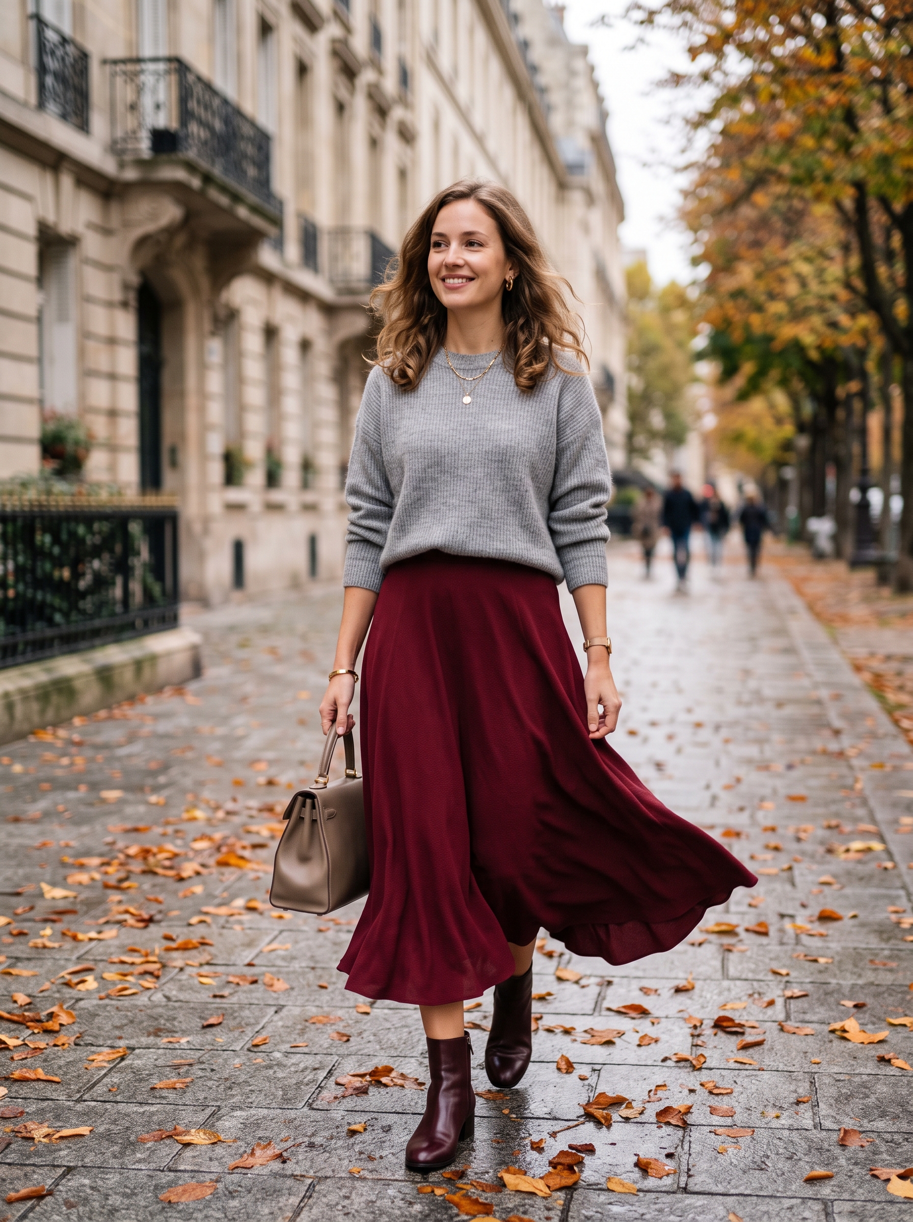 Burgundy Midi Skirt With Soft Gray Sweater