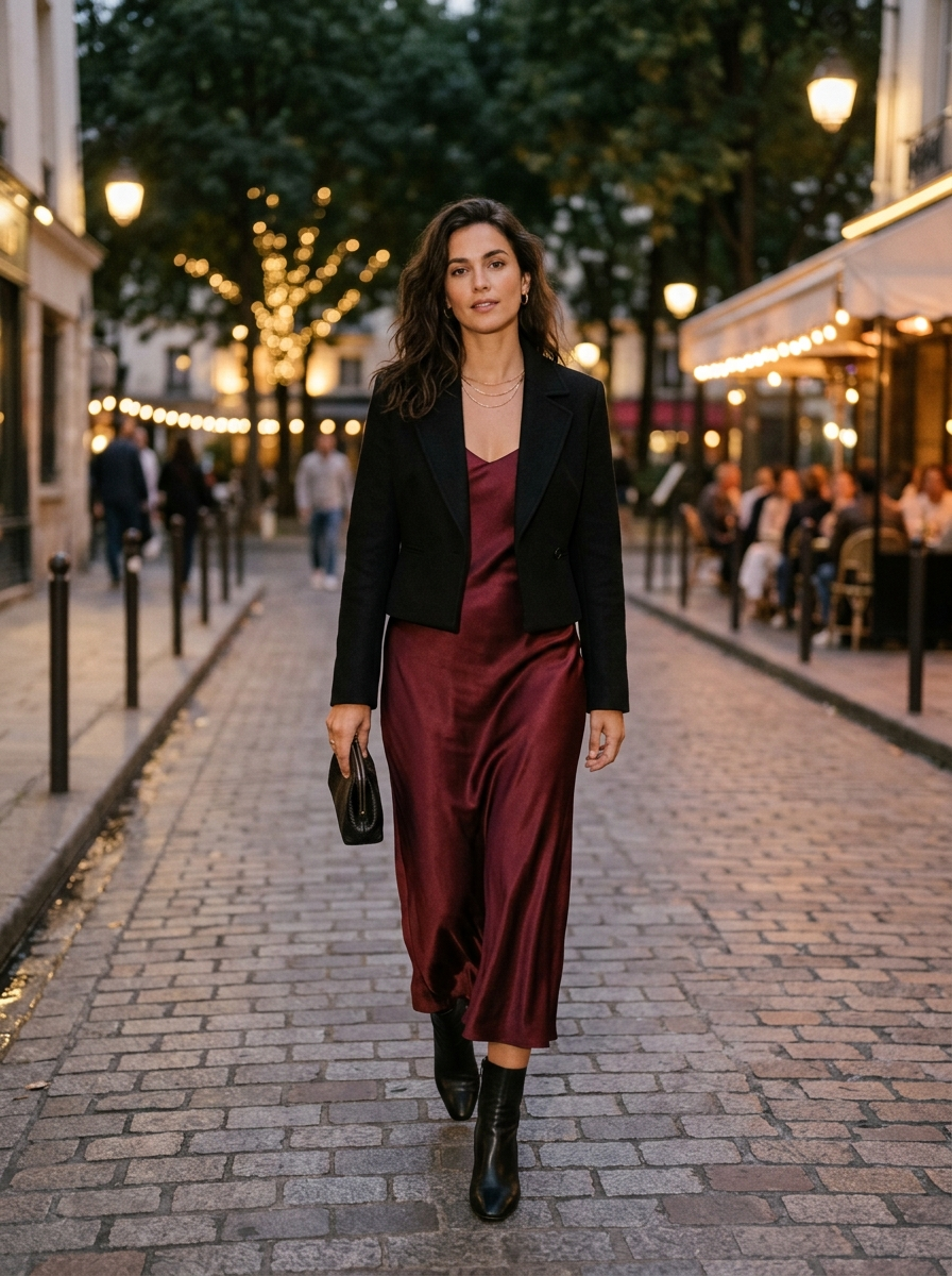Burgundy Slip Dress With a Cropped Jacket