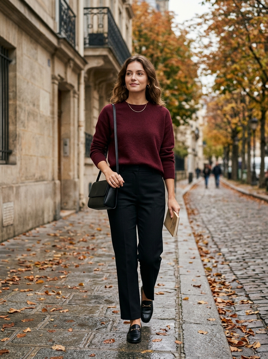 Burgundy Sweater With Black Trousers