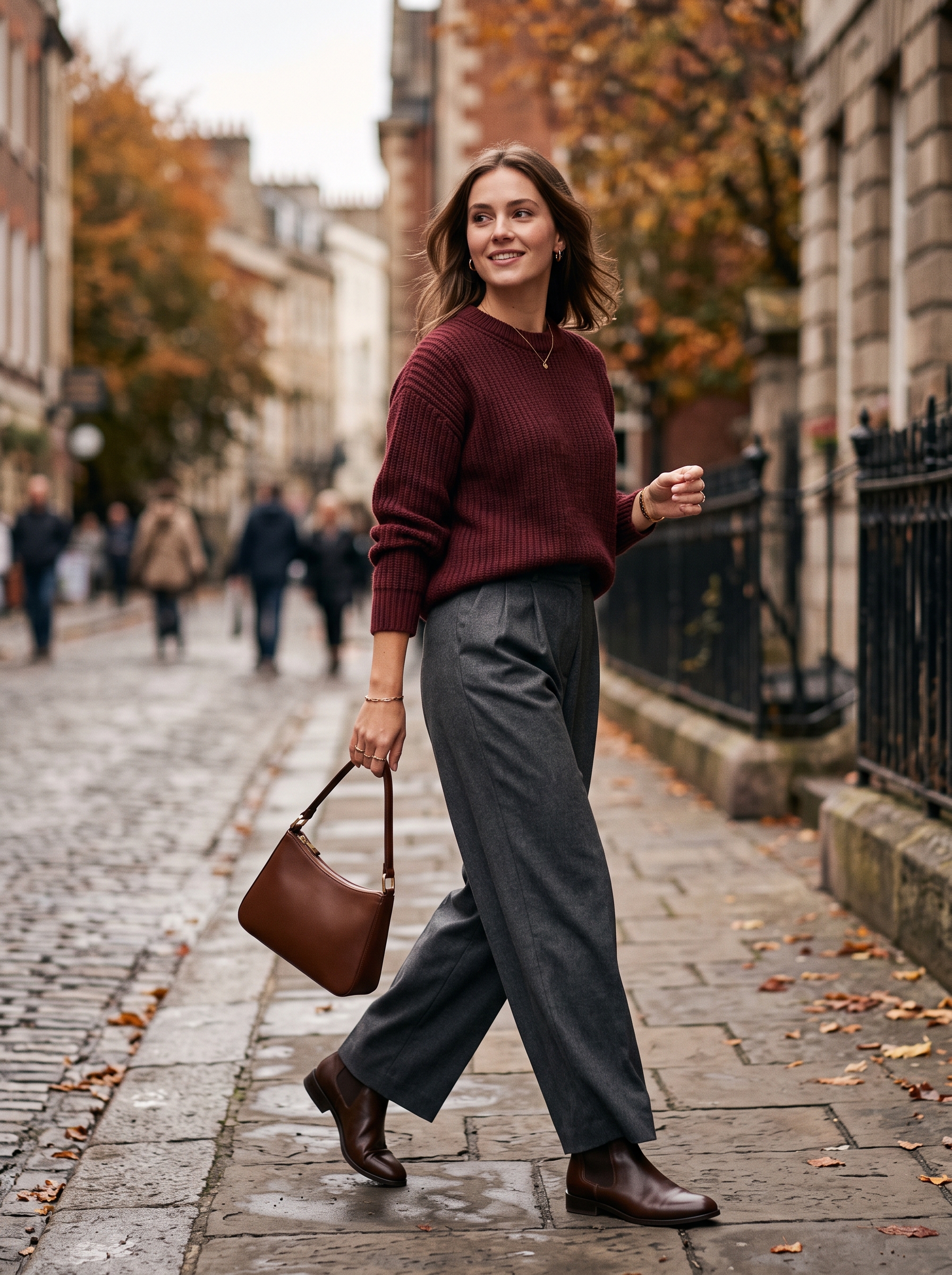 Burgundy Sweater With Wide-Leg Trousers